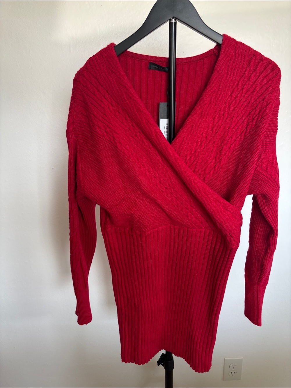 Red Wrap-Style Long Sleeve Knit Dress